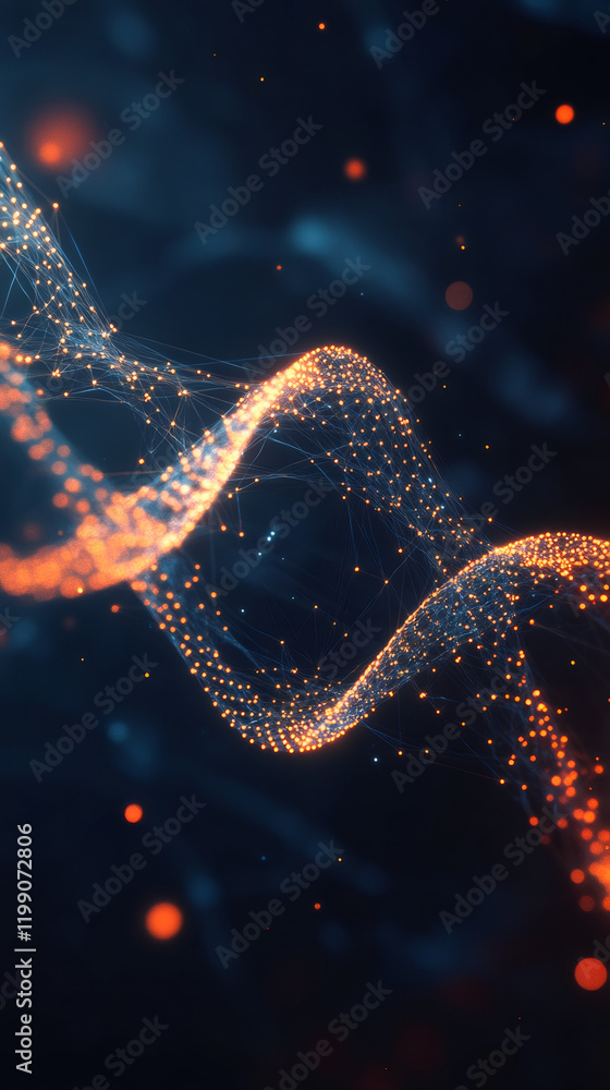 Leinwandbilder vibrant orange particles interconnecting, generating fluid wave pattern across deep shadowy backgrou