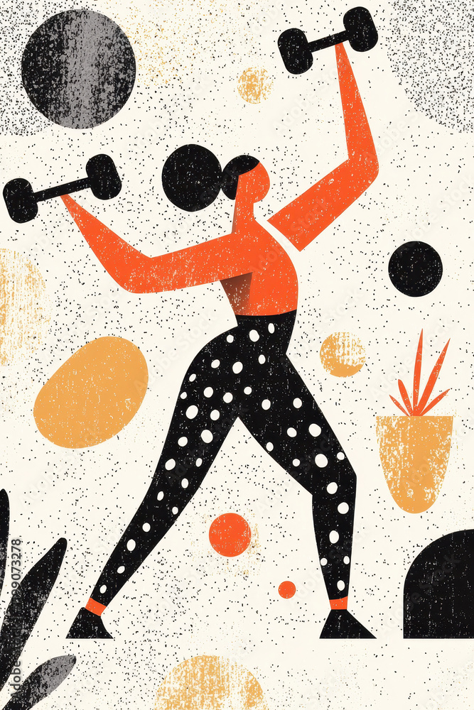 Poster dynamic and stylized illustration of fitness enthusiast lifting weights with vibrant patterns and ab