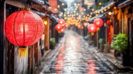 A traditional courtyard adorned with hanging red lanterns, with intricate gold patterns glowing softly in the evening light