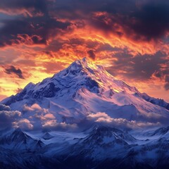 A snowy mountain peak during sunset, dramatic clouds and vibrant colors
