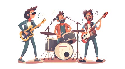 A cartoon band of three musicians performing: one on bass guitar, one on drums, and one singing.