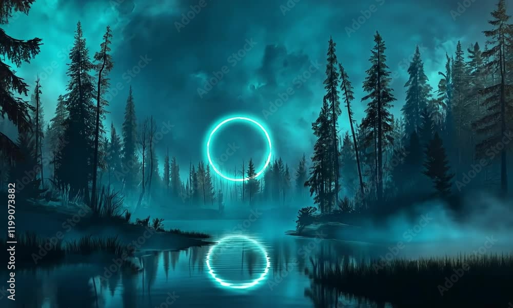 Poster A misty forest at night, shrouded in soft layers of fog that diffuse the moonlight filtering through the dense canopy of towering trees