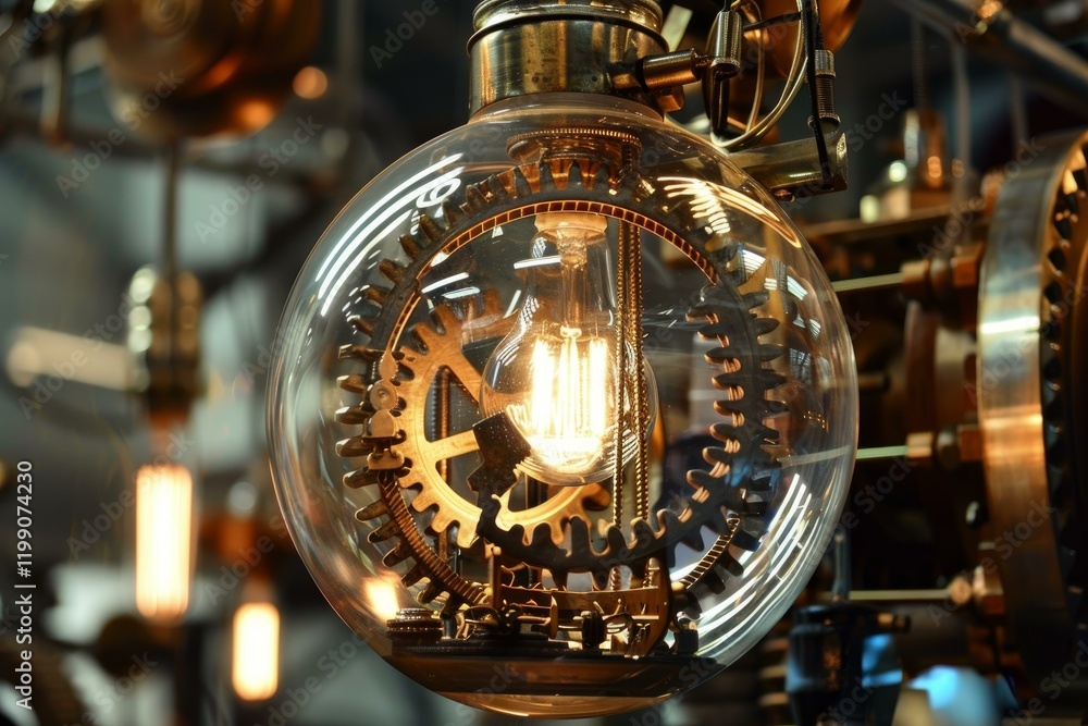 Poster close up of a steampunk style lamp featuring a glowing light bulb surrounded by intricate cogwheels,