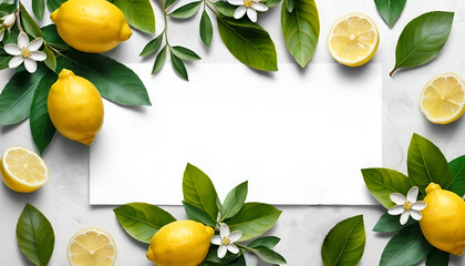 Obraz premium Green leaves, lemons, and blossoms surrounding a sheet of white paper, top view