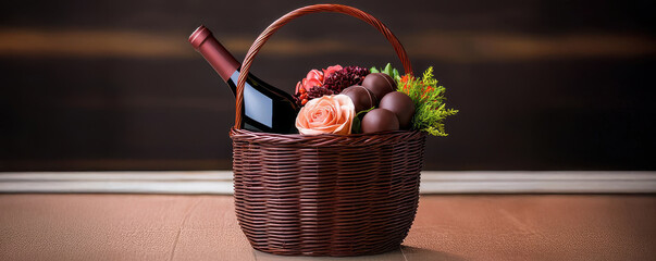 Valentine s gift basket featuring a bottle of wine, chocolates, and roses arranged elegantly for a romantic theme, 3D render