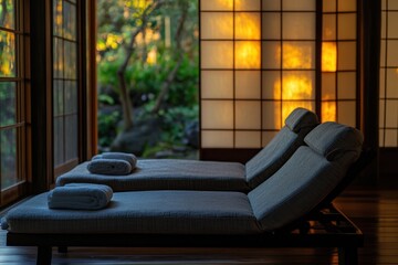 Fototapeta premium Relaxation area in serene spa with loungers overlooking green garden at sunset
