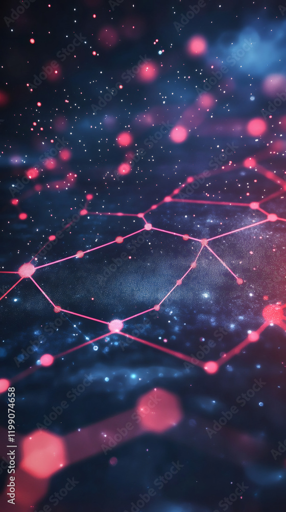 Poster complex network mesh expanding in digital space with glowing nodes and connections, symbolizing data