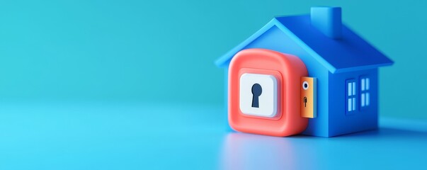 Obraz premium A colorful toy house with a lock symbolizes home security and safety in a playful setting against a blue background.