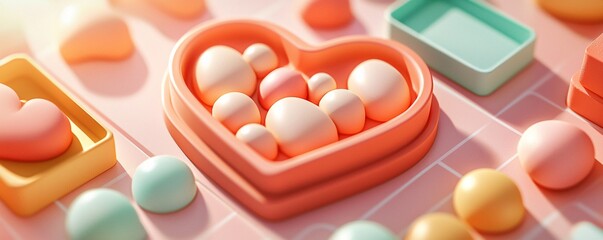 Valentine Day and Printable activities and Children's learning concept. Colorful Pastel Shapes in Heart and Square Trays