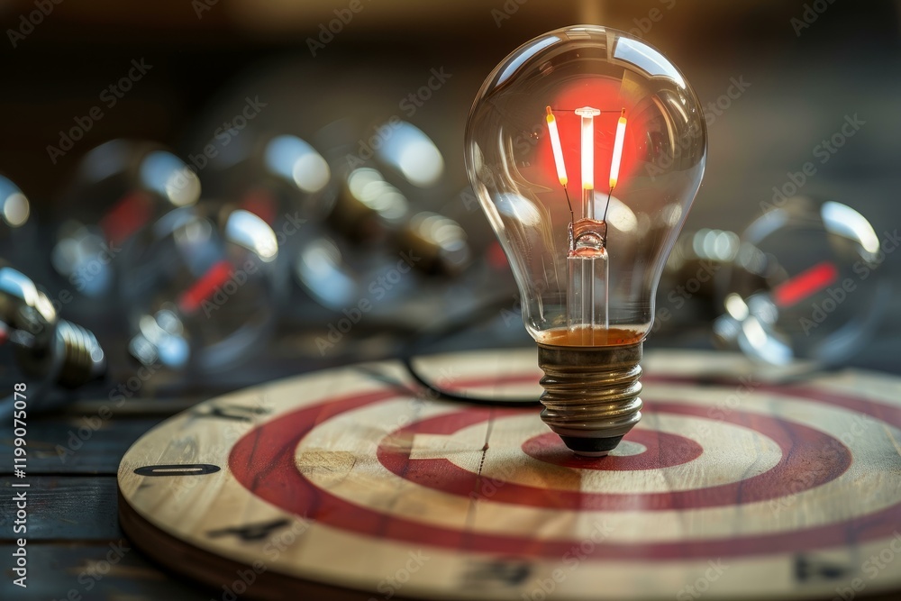 Poster lit light bulb standing on a target with other light bulbs in background, representing achieving a g