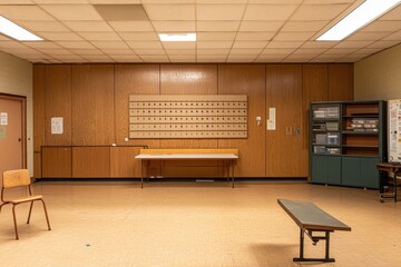 Empty Room with Wooden Panels, Simple Furniture, and Minimalist Decor Ideal for Backgrounds, Meetings, Workshops, and Office Spaces