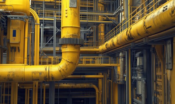 Detailed industrial structure featuring pipes and cables, showcasing weathered yellow finish. design emphasizes functionality and engineering in mechanical environment