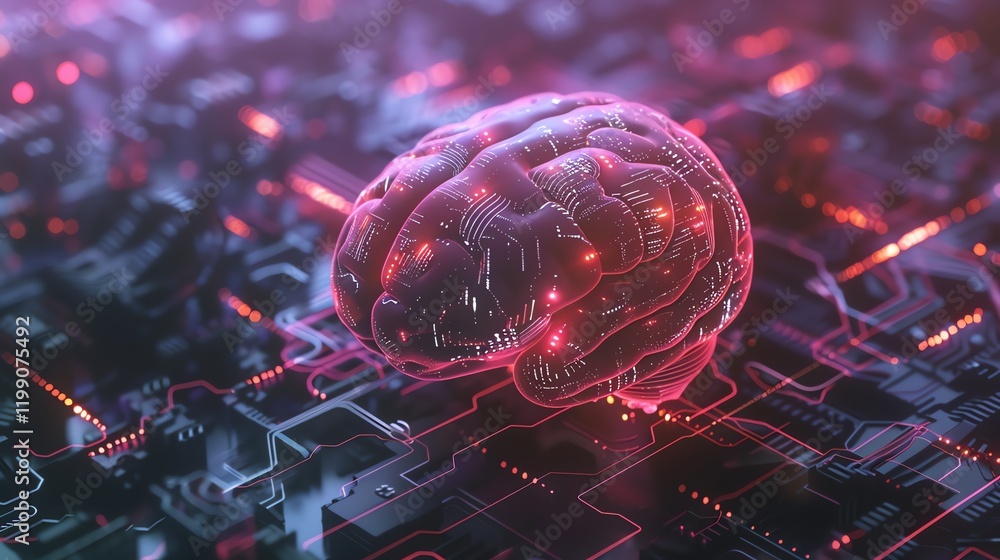 Poster a digital rendering of a brain with neon lights on a circuit board.