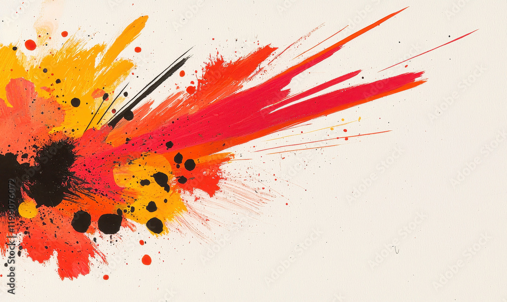 Poster vivid abstract paint splash in dynamic red and orange tones exploding across canvas