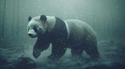 A panda climbing up a bamboo stalk in a dense grove, with tall bamboo towering above and the air filled with serenity