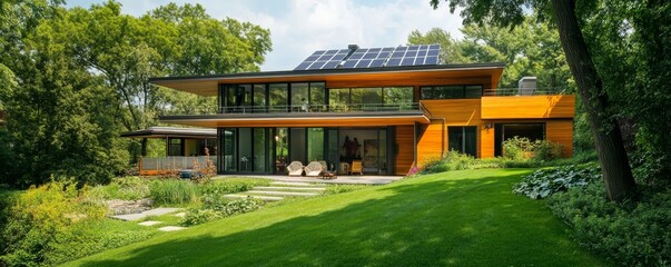 Eco-friendly modern home with solar panels surrounded by lush garden.