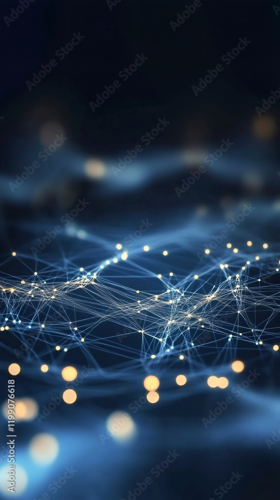 Aufkleber Digital wave of interconnected glowing dots and lines forming a plexus network on dark blue background