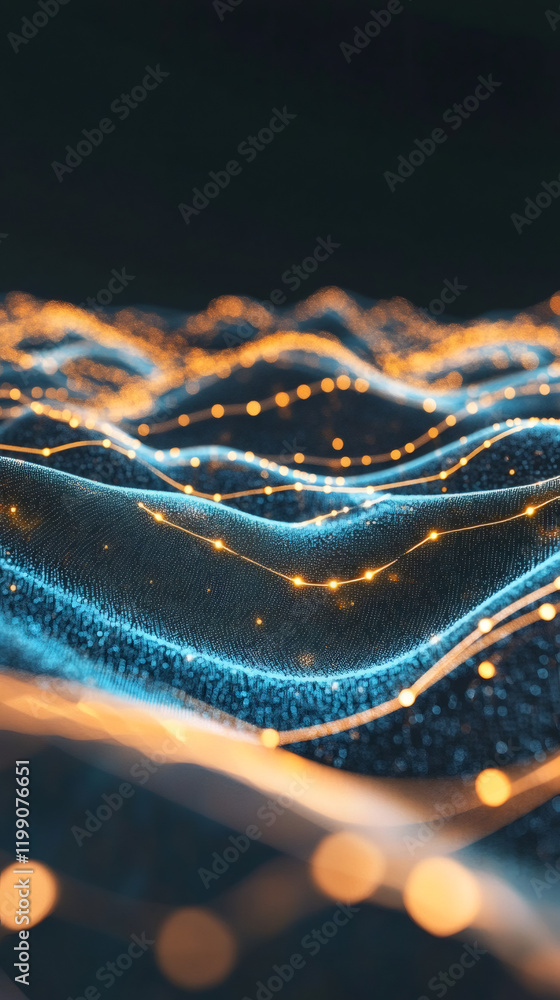 Fototapete Abstract digital landscape with flowing golden lines over blue particles network, creating a futuristic and technological concept