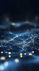 Digital wave of interconnected glowing dots and lines forming a plexus network on dark blue background
