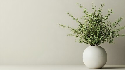Minimalist green plant in white vase, neutral background, interior design, home decor