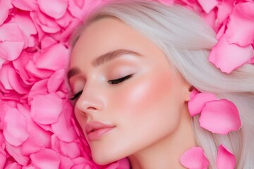 Beautiful woman with long hair resting on pink rose petals during daylight hours in a serene setting