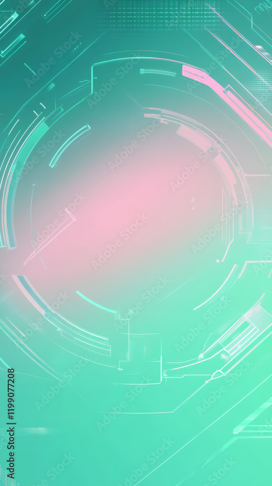 Poster holographic circular projection with concentric rings, digital circuits, and binary code in a futuri