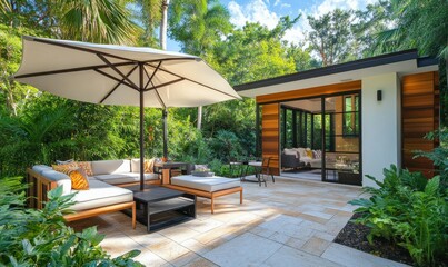 Elegant backyard patio area with a large umbrella, tiled flooring, and comfortable outdoor seating surrounded by lush greenery and a contemporary garden shed