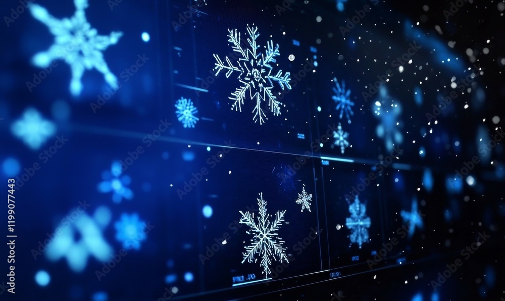 Poster digital weather forecast display showing snowflakes and freeze warning. blue background enhances win