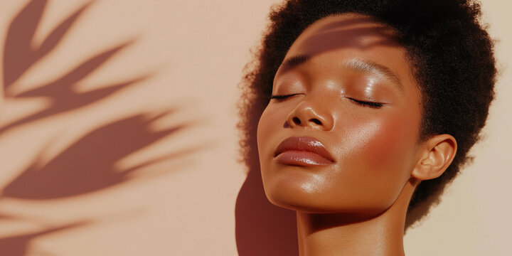 Beautiful black woman with clean face and glowy skin, natural light with leaf shadows