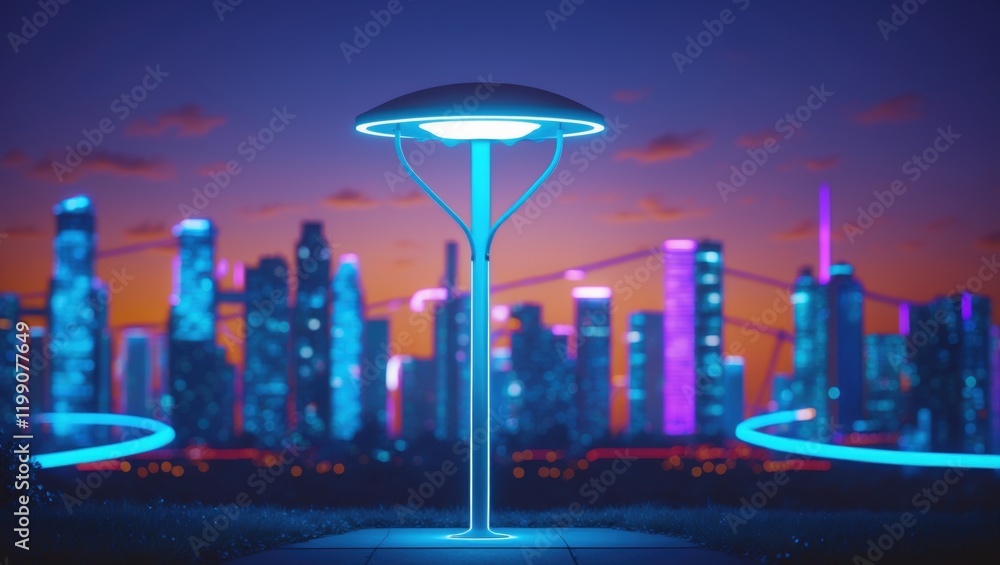 Aufkleber a futuristic cityscape featuring neon lights and a hovering structure, creating a vibrant and tech-i