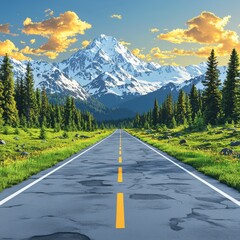 Naklejka premium Scenic Mountain Road Trip Asphalt Highway Through Majestic Snow Capped Peaks