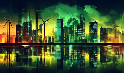 Futuristic cityscape with vibrant neon lights and wind turbines