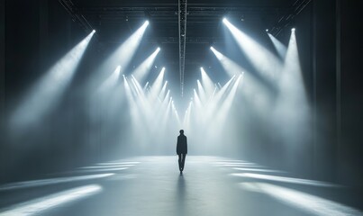 dramatic catwalk set in dark room illuminated by bright white spotlights creates intense atmosphere, perfect for showcasing fashion or performances