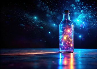 A mystical, illuminated bottle floats in a dark, ethereal scene, radiating magical light against a surreal backdrop.