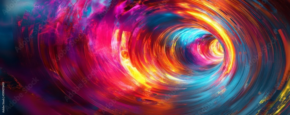 Poster futuristic neon tunnel with abstract light patterns in vibrant colors.