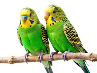 Fototapeta premium An aerial view captures a pair of vibrant green budgies perched affectionately on a branch, isolated against a clean background.