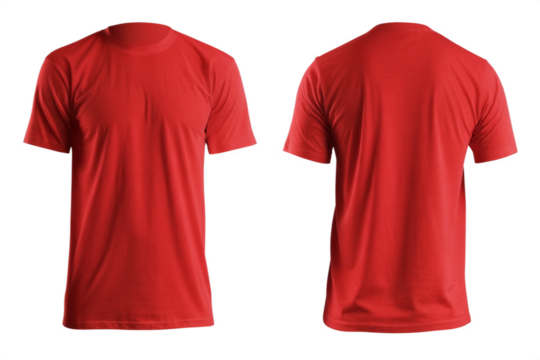 red t shirt isolated on white background, mockup front and back view