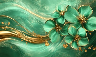 Emerald Green Flowers and Golden Branch on Swirling Abstract Background
