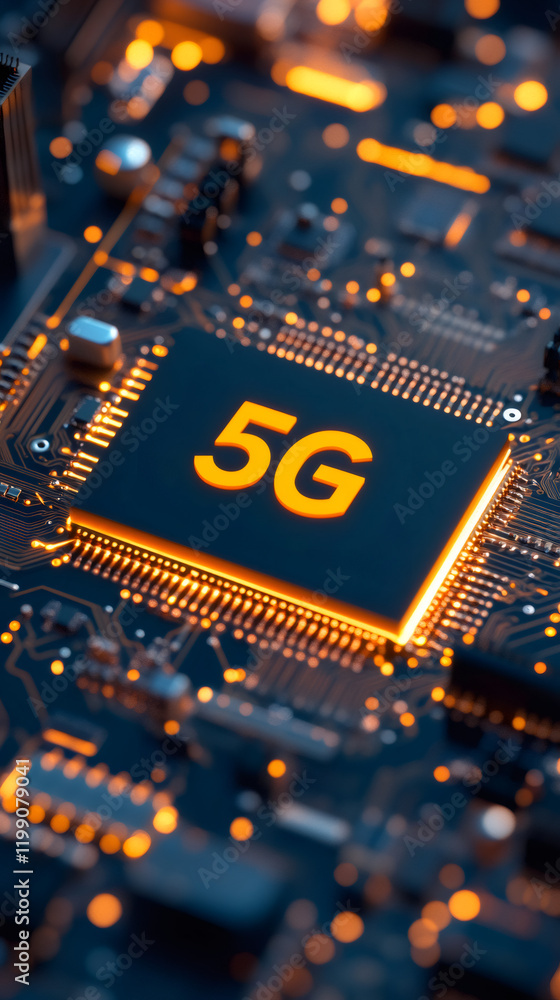 Aufkleber electronic circuit board with glowing 5g chipset, representing fast mobile network technology and da