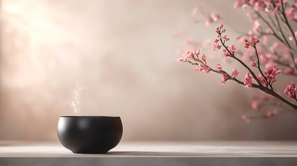 Steaming bowl, serene spring blossoms, sunlit minimalist interior, relaxation scene