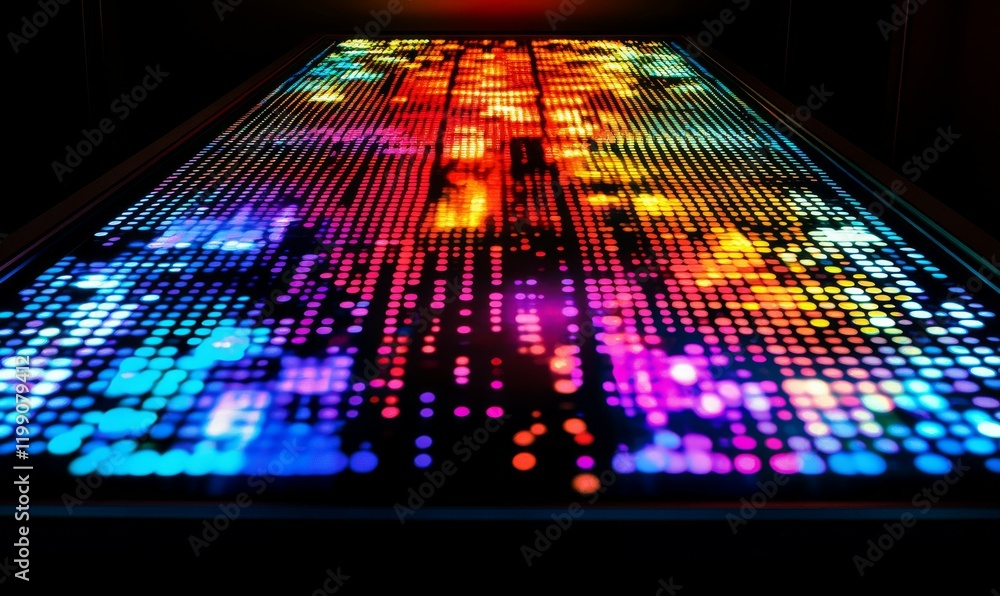 Poster dynamic and colorful display of digital scoreboard, showcasing vibrant patterns and lights. abstract