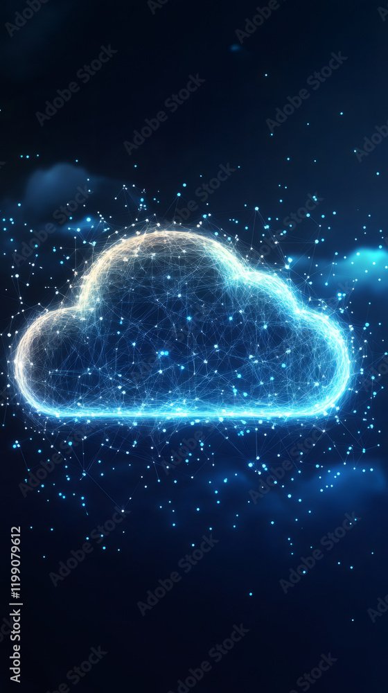 Poster futuristic cloud computing network connecting data through a low poly mesh on a dark blue background