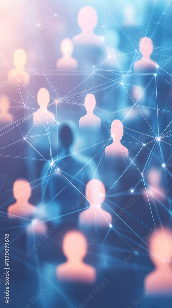 Poster glowing user profiles linked by a network representing social media connections, online community an