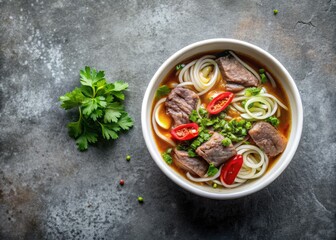 Authentic Vietnamese pho recipe.  Top-down food photography showcases rich broth and noodles against a concrete backdrop. Plenty of copy space.