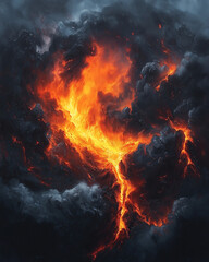 majestic volcanic eruption with plumes of smoke rising against a setting sun in a painted sky
