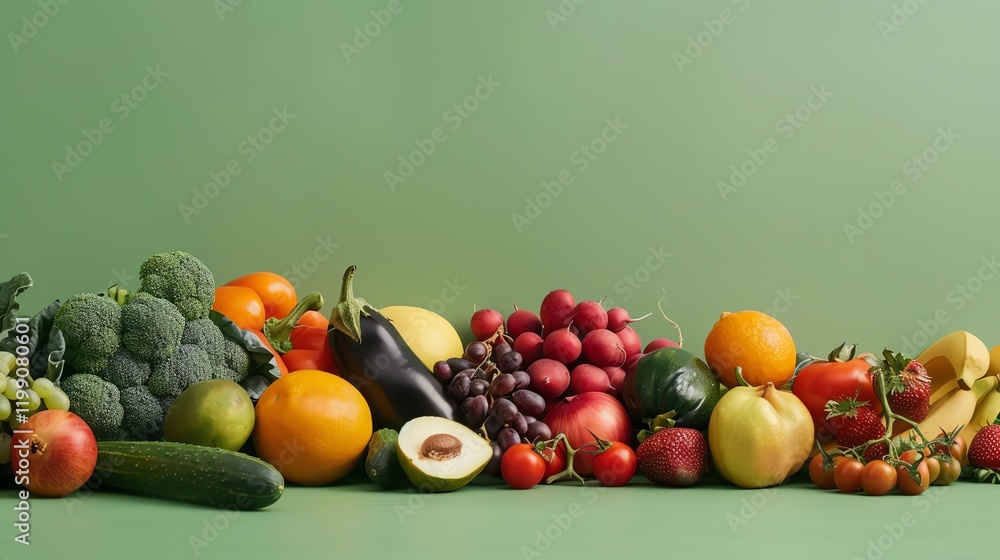 Canvas Prints A variety of fresh fruits and vegetables on a green background.