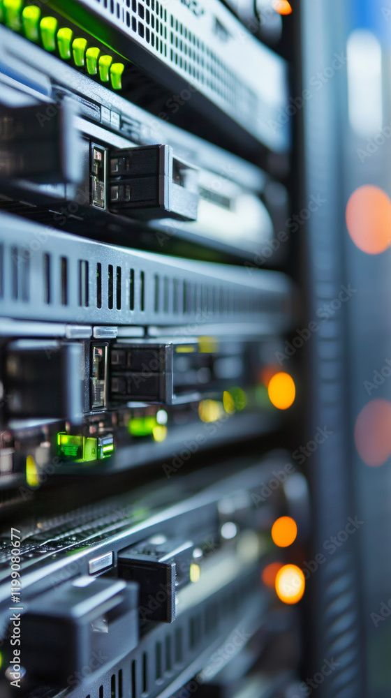 Aufkleber Metallic server rack glowing with blue LED indicators, storing critical digital information within networked data center infrastructure