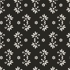 Vector black and white floral seamless pattern. Abstract minimal geometric ornament with flowers in oriental style. Simple monochrome background.