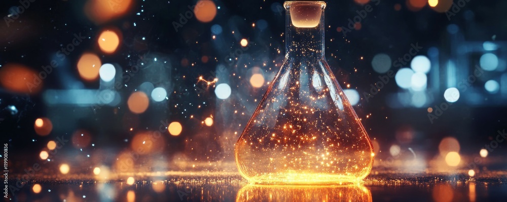 Poster glowing chemical reaction in a laboratory flask with sparkling particles.