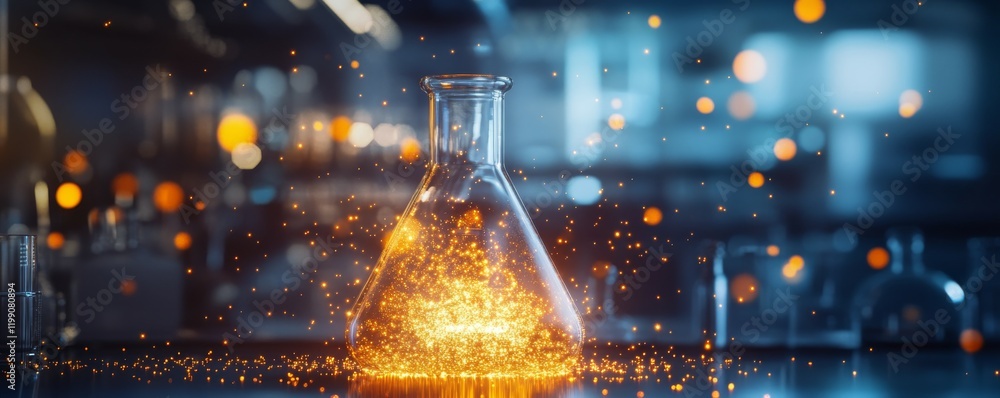Poster glowing chemical reaction in a laboratory flask with sparkling particles.